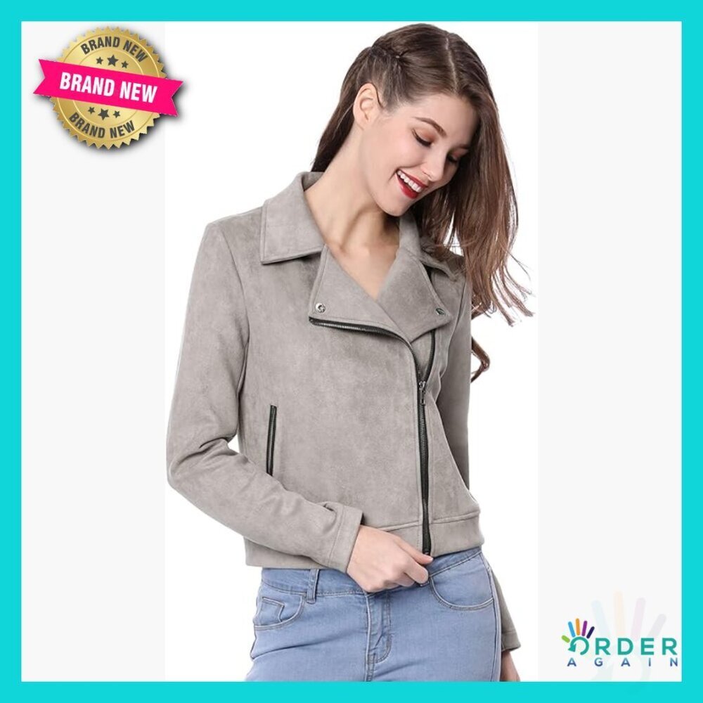 Faux Suede Moto Jacket Short Zip Up Biker Style Chic Soft Convertible Collar